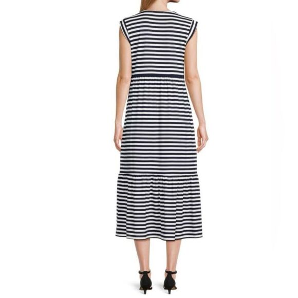 Tommy Hilfiger L White Navy Sky Captain Knit V-Neck Sleeveless Midi Dress - Picture 2 of 12